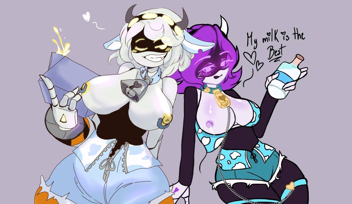 2girls, breast milk, breasts, breasts out, cow bell, cow print, dailenariek, female, female only, glitch productions, lactating, lactating nipples, lactation, milk, murder drones, uzi (murder drones), v (murder drones), vanilletoo