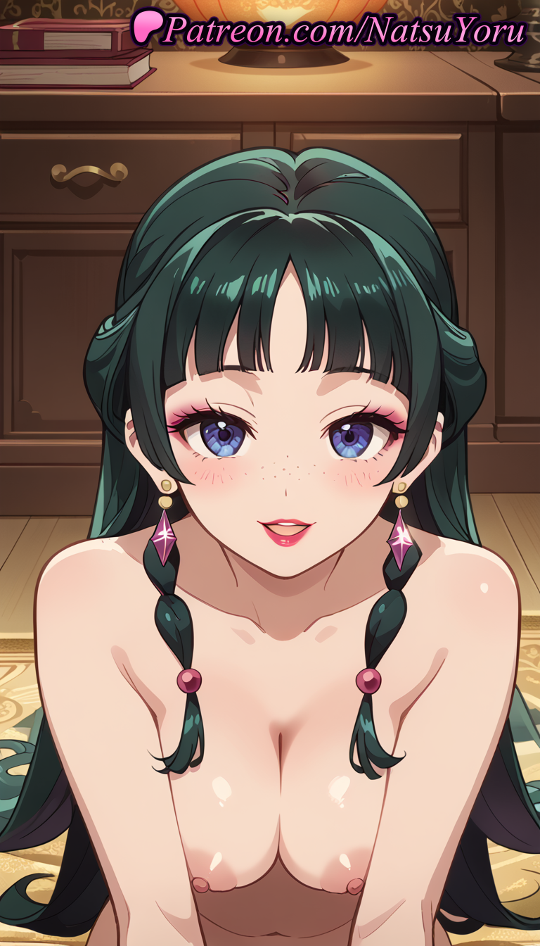 1girls ai_generated anime anime_style bangs blue_eyes blunt_bangs blush book book_stack braid breasts bust busty carpet collarbone completely_nude earrings eyelashes eyeshadow female female_focus female_only fireplace freckles green_hair hair_beads hair_ornament half_updo hentai indoors jewelry kusuriya_no_hitorigoto large_breasts leaning_forward lipstick long_hair looking_at_viewer makeup maomao_(kusuriya_no_hitorigoto) medium_breasts natsuyoru navel nipples nipples_outside nude nude_female open_mouth parted_lips pink_lips red_lips rug sidelocks smile solo solo_female teeth twin_braids upper_body very_long_hair voluptuous voluptuous_female wooden_floor