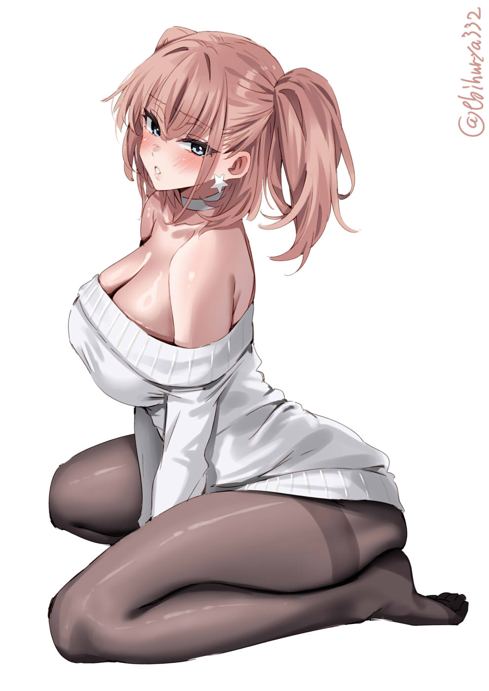 1girls alternate_costume atlanta_(kantai_collection) bare_shoulders between_legs blue_eyes blush breasts brown_hair cleavage collarbone dress earrings ebifurya feet female_only full_body grey_eyes hand_between_legs highres jewelry kantai_collection large_breasts legs long_hair long_sleeves looking_at_viewer off-shoulder_sweater off_shoulder one-hour_drawing_challenge open_mouth pantyhose simple_background sitting solo solo_female star_(symbol) star_earrings sweater sweater_dress thighband_pantyhose two_side_up wariza white_background white_sweater