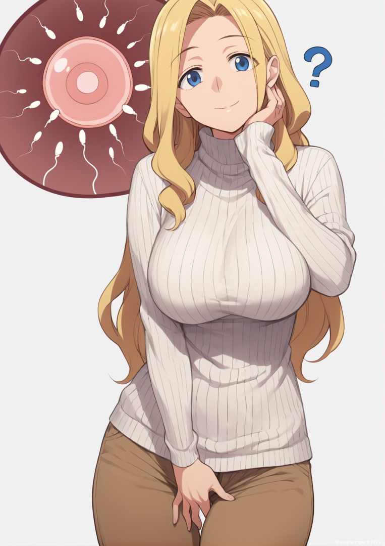 1girls ? ai_generated blonde_hair blue_eyes long_hair ovum pants sperm_cell supergetthi sweater turtleneck