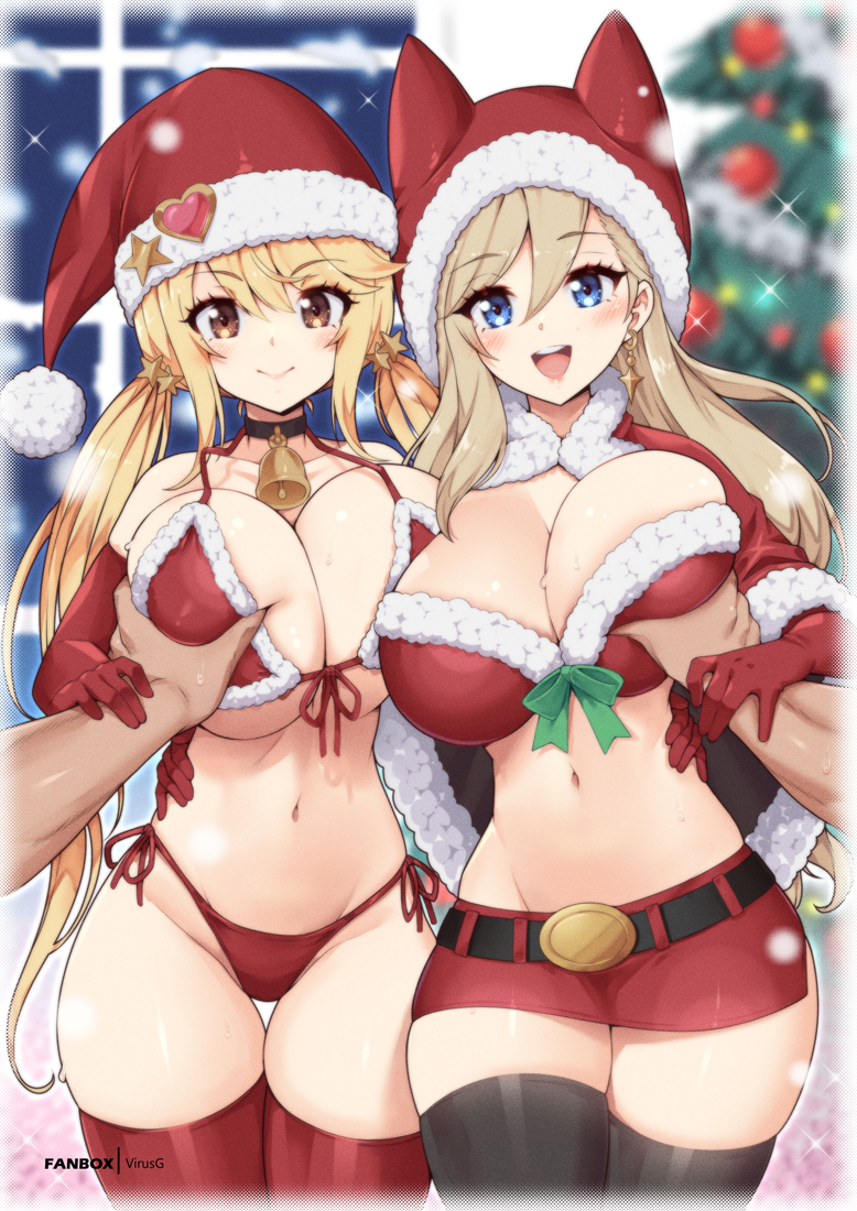 1boy 2girls bikini black_thighhighs blonde_hair blue_eyes blush breasts brown_eyes capelet cleavage earrings edens_zero fairy_tail fur-trimmed_capelet fur_trim gloves grabbing_another's_breast groping guided_breast_grab guiding_hand hat heart huge_breasts jewelry long_hair looking_at_viewer lucy_heartfilia midriff miniskirt multiple_girls navel open_mouth rebecca_bluegarden red_bikini red_capelet red_gloves red_hat red_skirt red_thighhighs santa_hat side-tie_bikini_bottom skirt smile standing star_(symbol) straight swimsuit thighhighs twintails very_long_hair virus-g