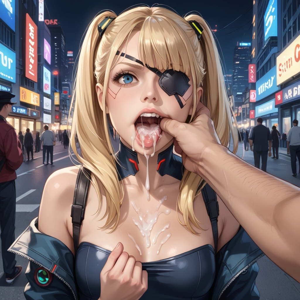 1girls after_fellatio ai_generated blonde_hair cum cum_in_mouth cum_on_body cum_on_breasts cum_on_face cumshot eyepatch female finger_in_another's_mouth finger_in_mouth fishhooking hand_on_mouth lioram00n original_character twintails zara