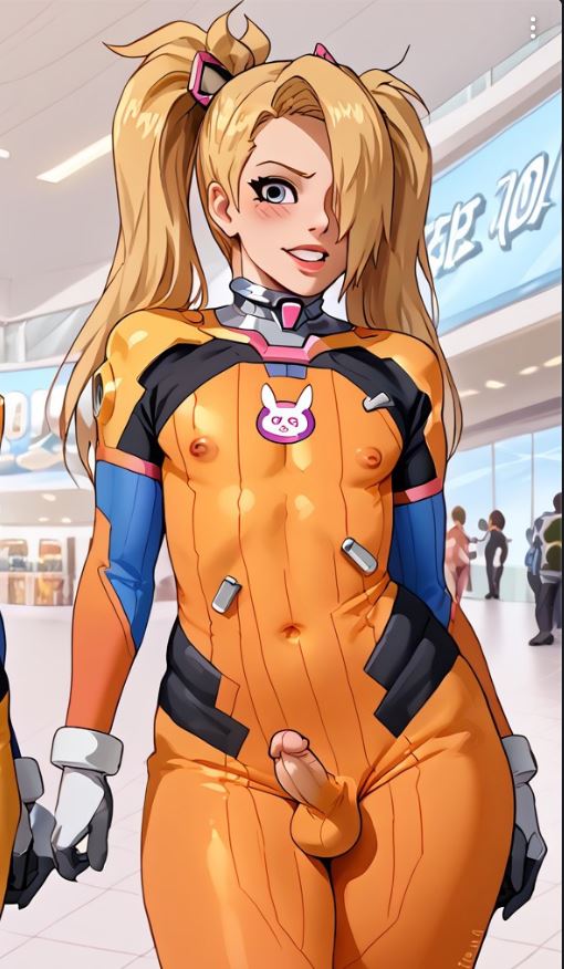 1boy ai_generated blonde_hair blue_eyes blush bodysuit bulge cat_ears d.va_(cosplay) deidara femboy hair_over_one_eye leather male mall naruto naruto_(series) nipples small_penis standing twintails