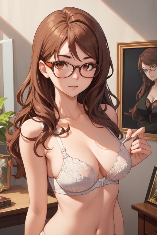 1girls ai_generated bra brown_eyes brown_hair female_only glasses medium_breasts revealing_clothes skotos_ai