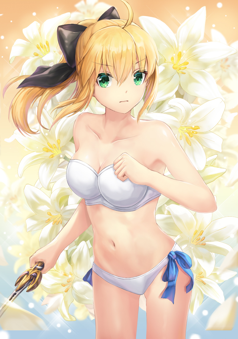 1girls absurd_res absurdres artoria_pendragon_(fate) bare_arms bare_belly bare_chest bare_hands bare_hips bare_legs bare_midriff bare_navel bare_shoulders bare_skin bare_thighs belly belly_button bikini bikini_bottom bikini_only bikini_top black_hair_ribbon black_hair_tie black_ribbon blonde_eyebrows blonde_female blonde_hair blonde_hair blonde_hair_female breasts cleavage collarbone dot_nose elbows exposed_arms exposed_belly exposed_chest exposed_hips exposed_legs exposed_midriff exposed_navel exposed_shoulders exposed_skin exposed_thighs fair_skin fate/stay_night fate_(series) female female_focus female_only fingers flower flowers frown frown_eyebrows frowning frowning_at_viewer green_eyes green_eyes_female groin hair_between_eyes hair_ribbon hair_tie high_resolution highres lean_body lean_figure legs light-skined_female light-skinned light-skinned_female light_skin light_skin_female light_skinned light_skinned_female long_hair looking_at_viewer lunacle medium_breasts midriff narrow_waist navel ponytail ribbon saber_lily shoulders sidelocks slender_body slender_waist slim_girl slim_waist smooth_skin solo standing swimsuit swimwear sword thigh_gap thighs thin_waist upper_body v-line weapon white_bikini white_bikini_bottom white_bikini_only white_bikini_top white_flower white_flowers white_swimsuit white_swimwear