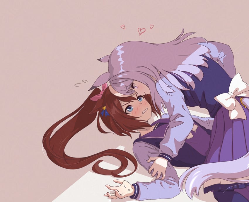 2girls, blue eyes, blush, brown hair, clenched teeth, female, laying down, light purple hair, mejiro mcqueen (umamusume), tokai teio (umamusume), umamusume, umamusume pretty derby, yuri