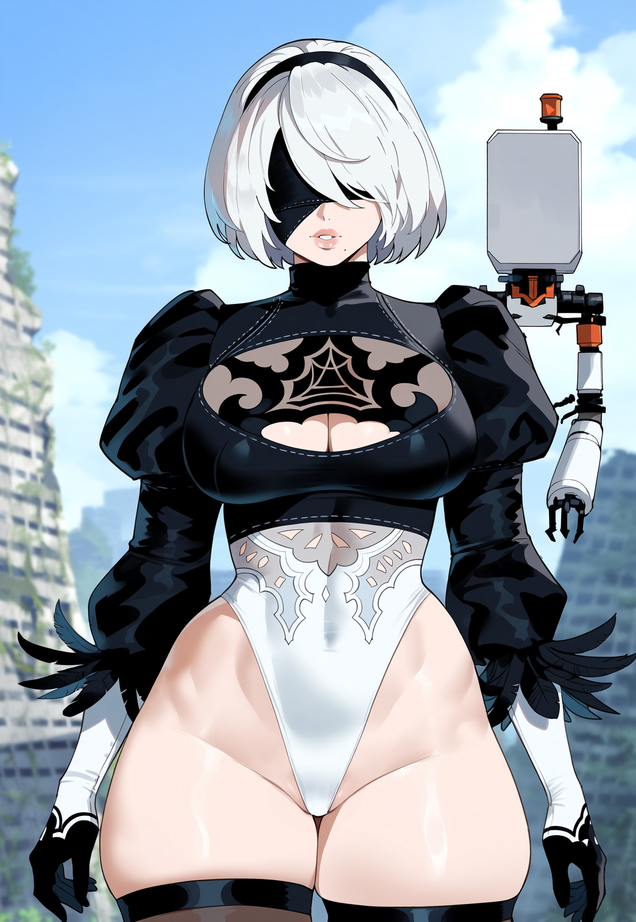 1girls, ai generated, blindfold, blindfolded, creamy ai, female, light skin, light-skinned female, nier: automata, short hair, short-haired female, solo, tagme, white hair, yorha 2b