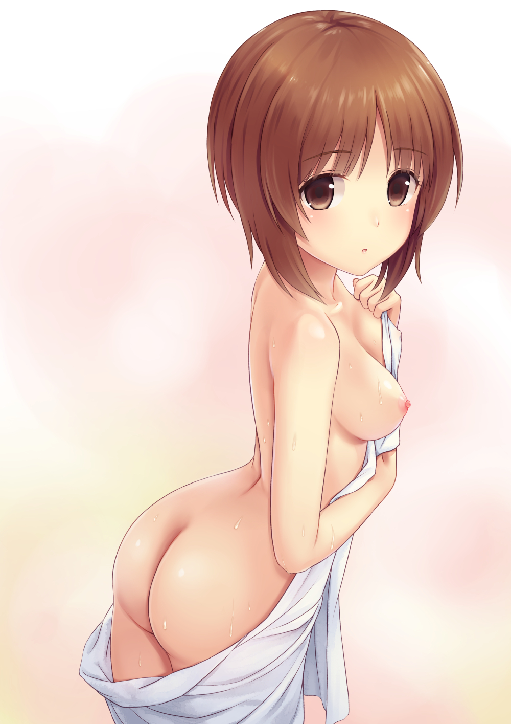 ass bare_shoulders breasts brown_eyes brown_hair covered_nipples covering cowboy_shot enty_reward eyebrows_visible_through_hair female from_side girls_und_panzer highres leaning_forward looking_at_viewer medium_breasts n.g. naked_sheet nipples nishizumi_miho nude_cover paid_reward parted_lips short_hair simple_background solo sweat