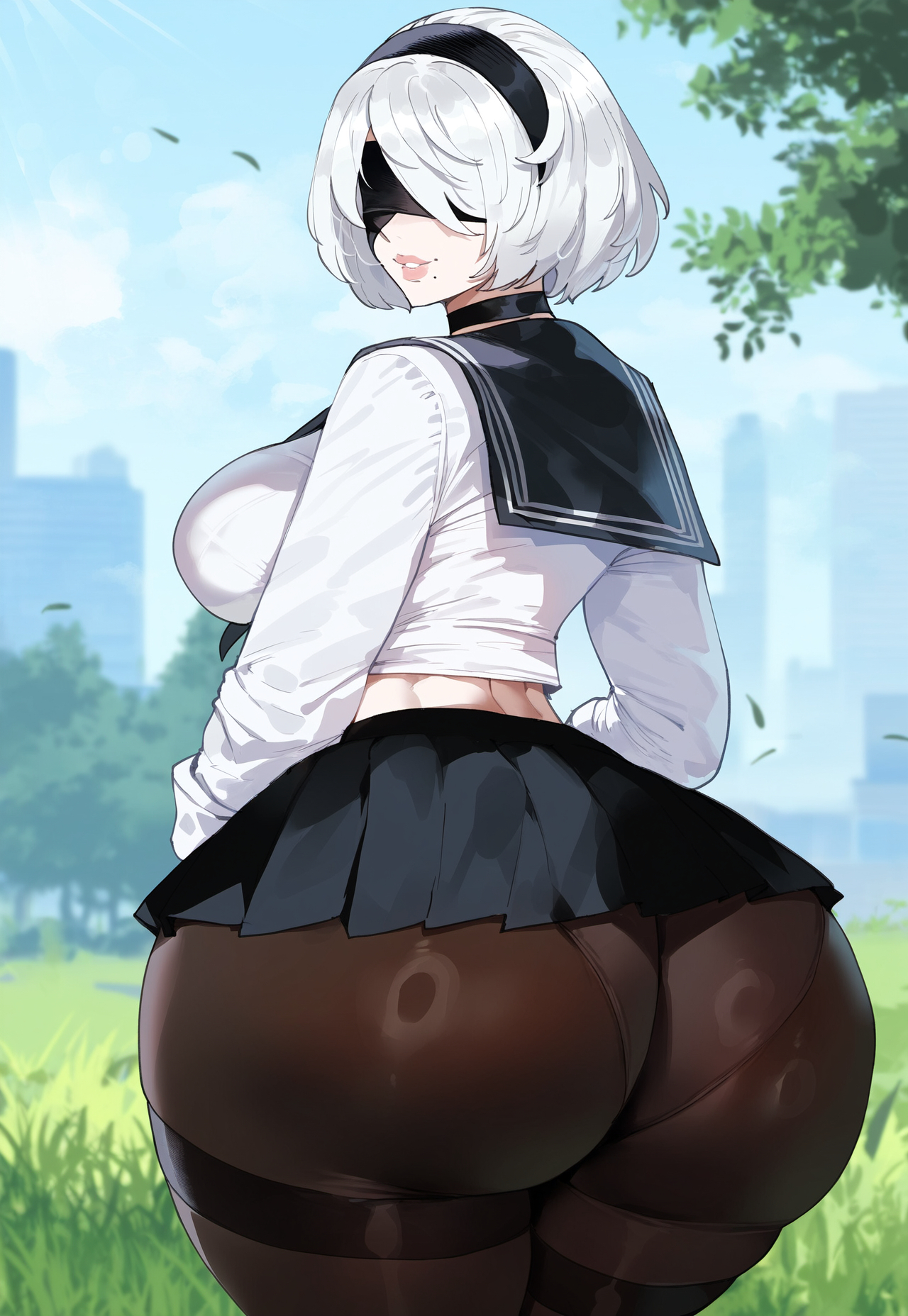 1girls, ai generated, ass, ass focus, blindfold, blindfolded, creamy ai, female, light skin, light-skinned female, nier: automata, short hair, short-haired female, solo, tagme, white hair, yorha 2b
