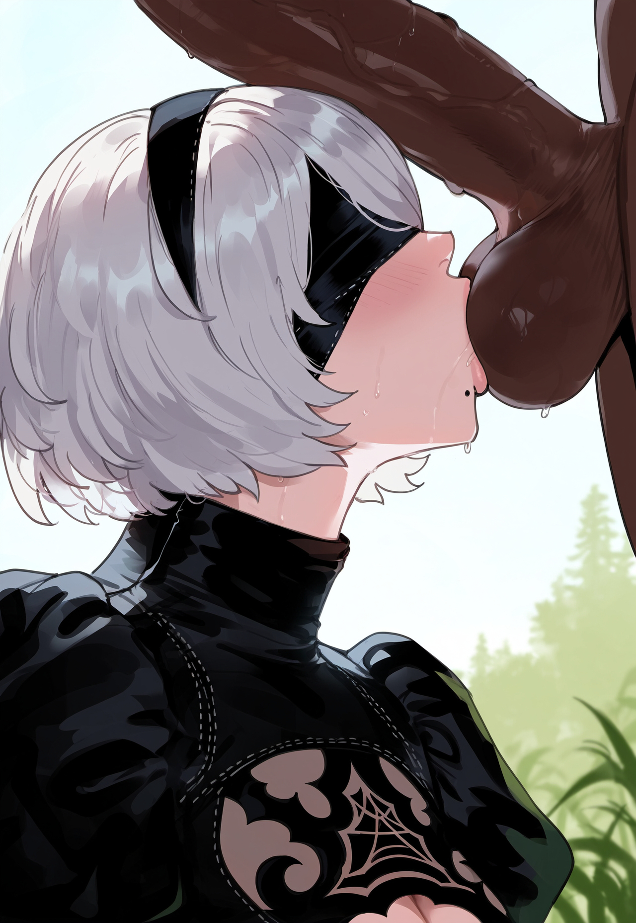 1boy, 1girls, ai generated, blindfold, blindfolded, creamy ai, dark skin, dark-skinned male, female, interracial, light skin, light-skinned female, male, nier: automata, short hair, short-haired female, tagme, white hair, yorha 2b