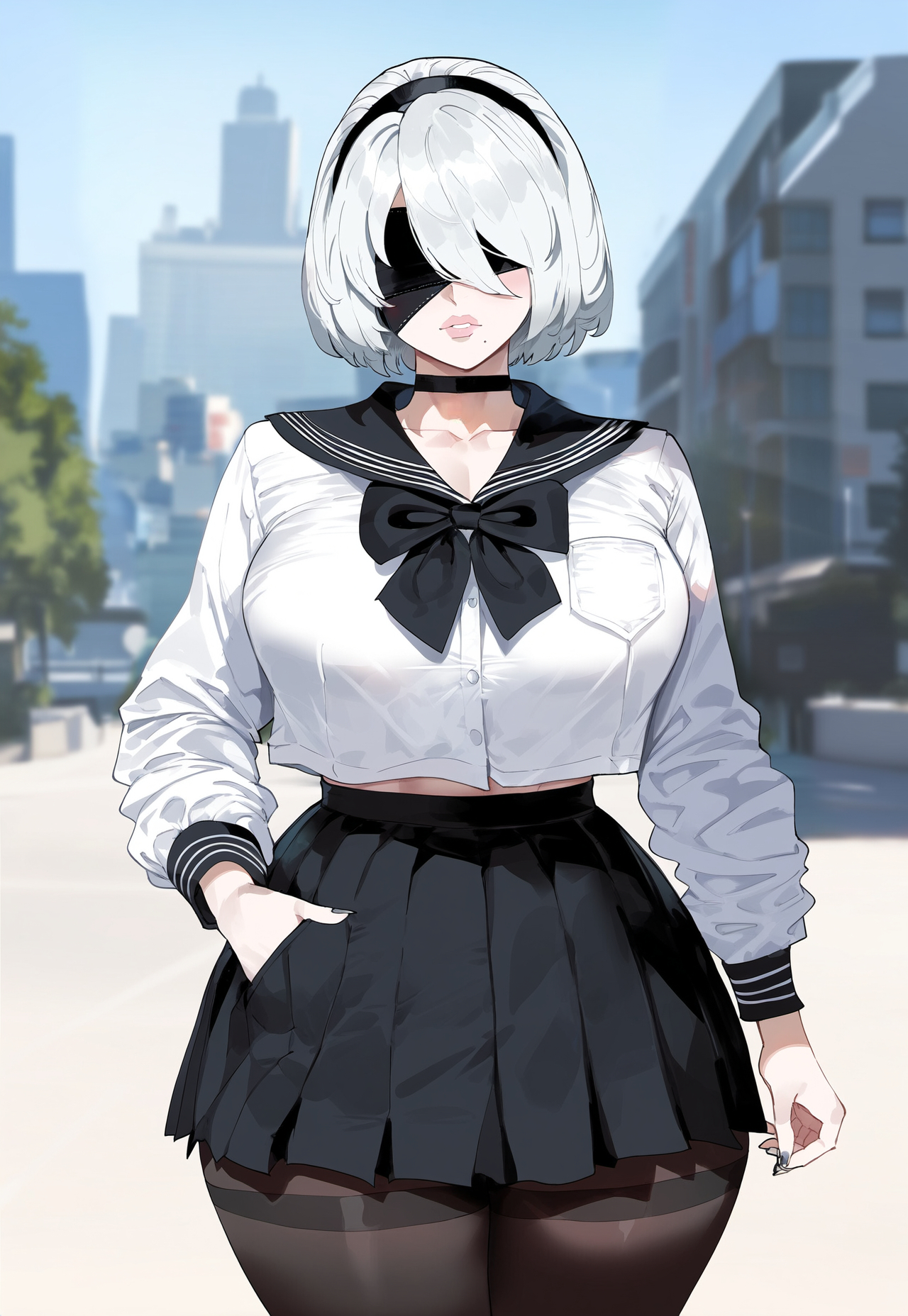 1girls, ai generated, blindfold, blindfolded, creamy ai, female, light skin, light-skinned female, nier: automata, short hair, short-haired female, solo, tagme, white hair, yorha 2b