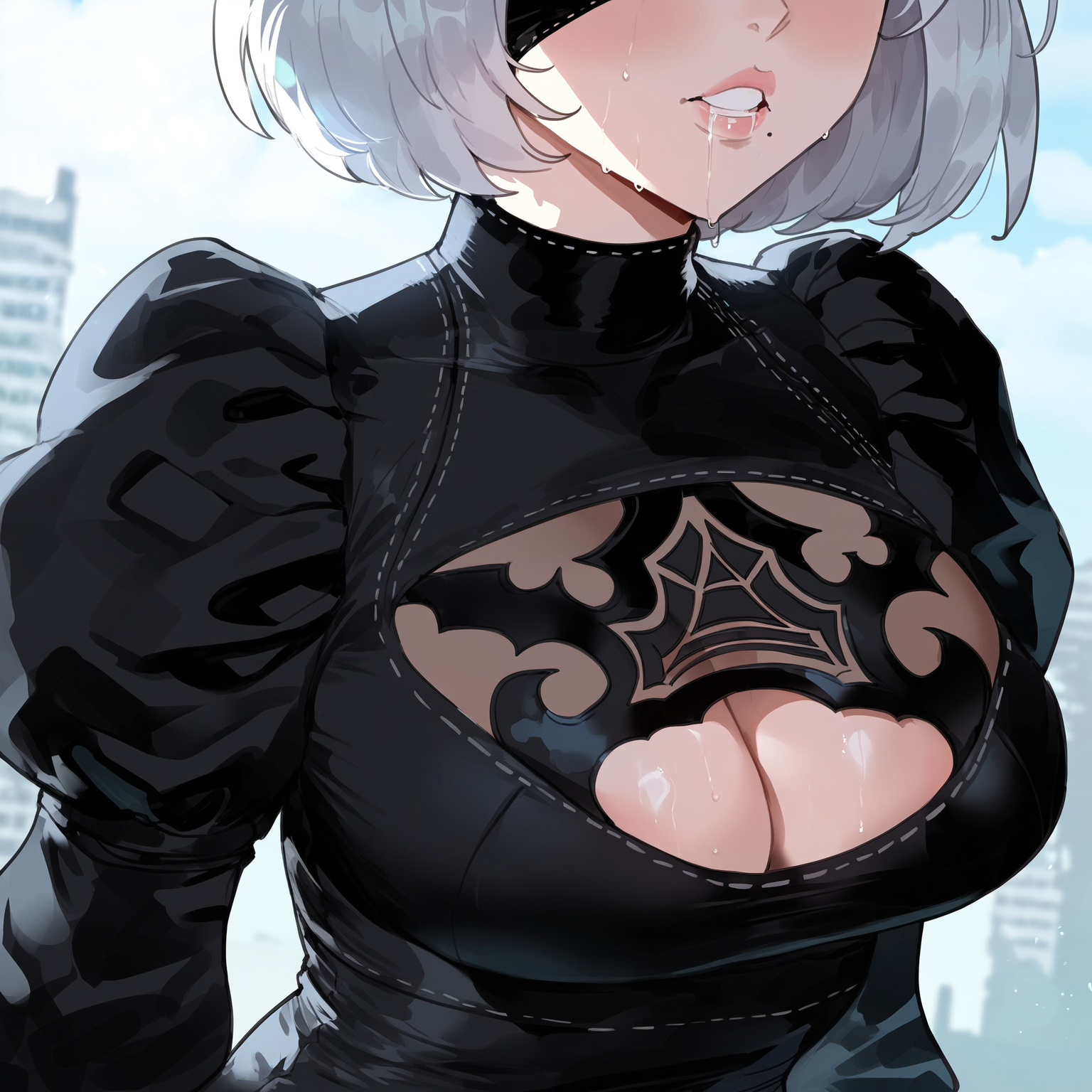 1girls, ai generated, blindfold, blindfolded, creamy ai, female, light skin, light-skinned female, nier: automata, short hair, short-haired female, solo, tagme, white hair, yorha 2b
