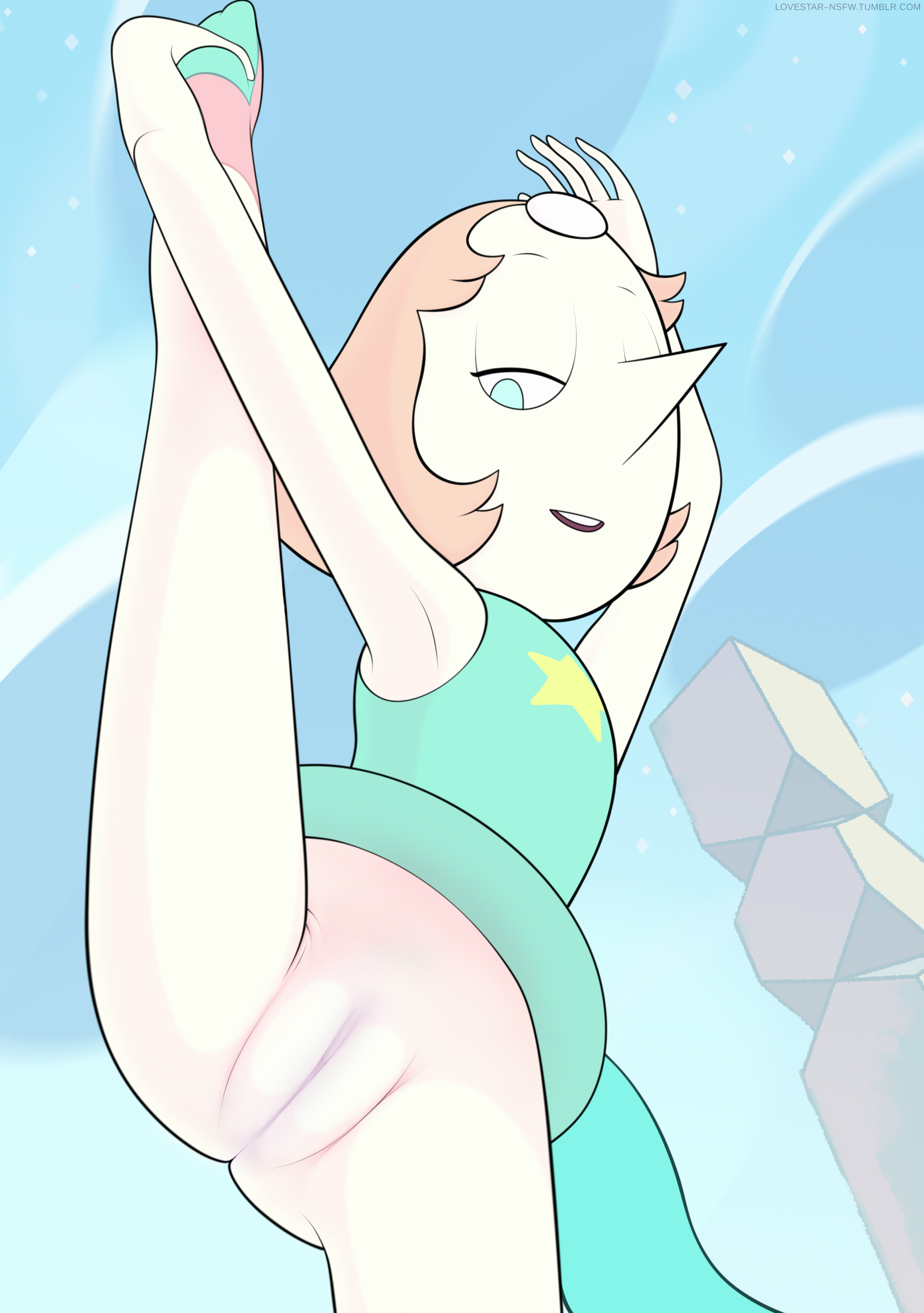 accurate art style, alien, blue eyes, clothes, edit, female, flexible, forehead jewel, gem (species), holding leg, legs up, light brown hair, looking at viewer, outside, pants removed, pearl (steven universe), pussy, raidon dimentional land, smiling, steven universe, stockings