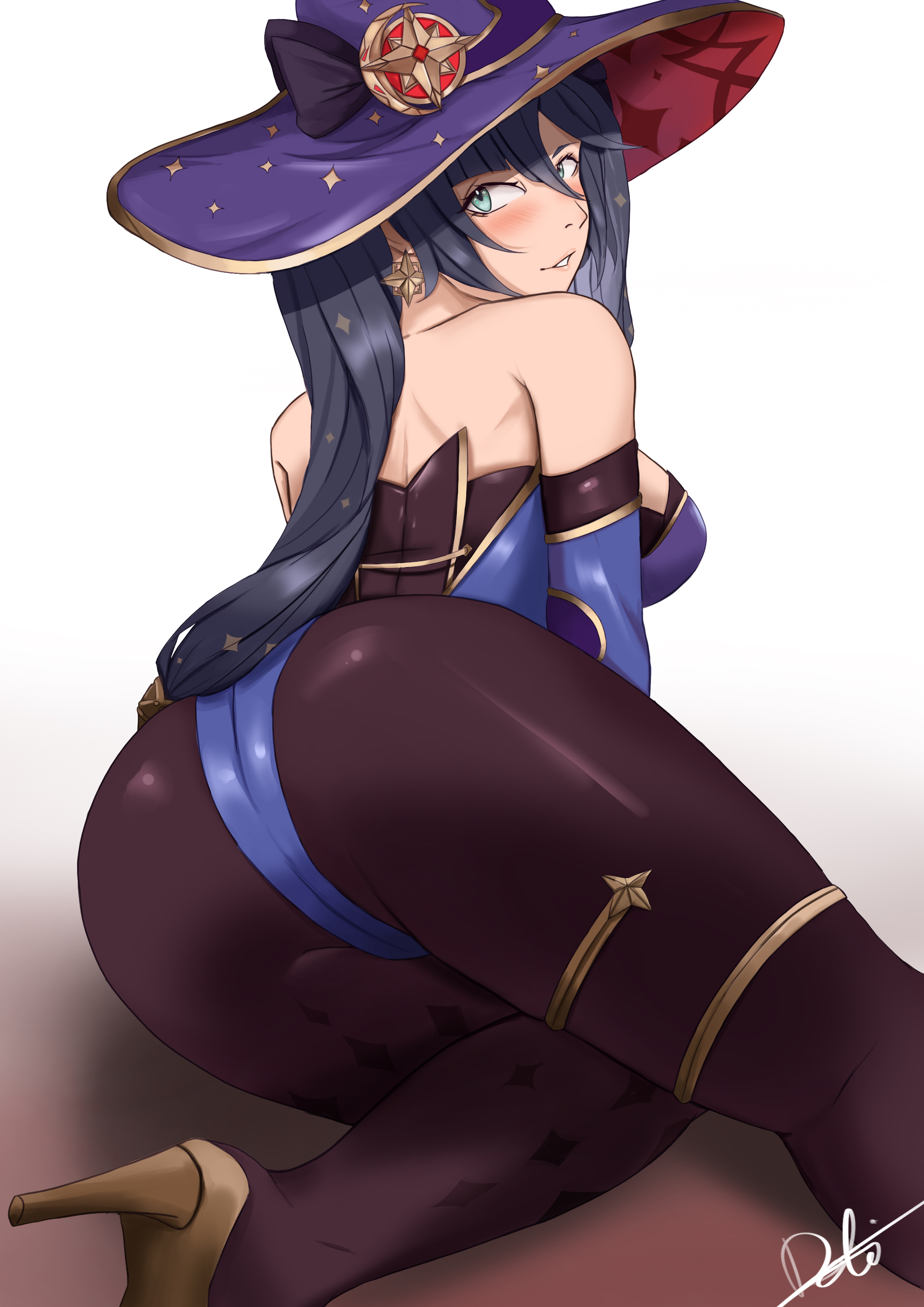 1girls, ass, black hair, black stockings, breasts, clothed, clothing, deliciousbra, ear piercing, female, genshin impact, gold (metal), gold heels, gold jewelry, hat, heels, high heels, jewelry, lipstick, long hair, mona (genshin impact), sideboob, solo, twintails, white skin, witch hat