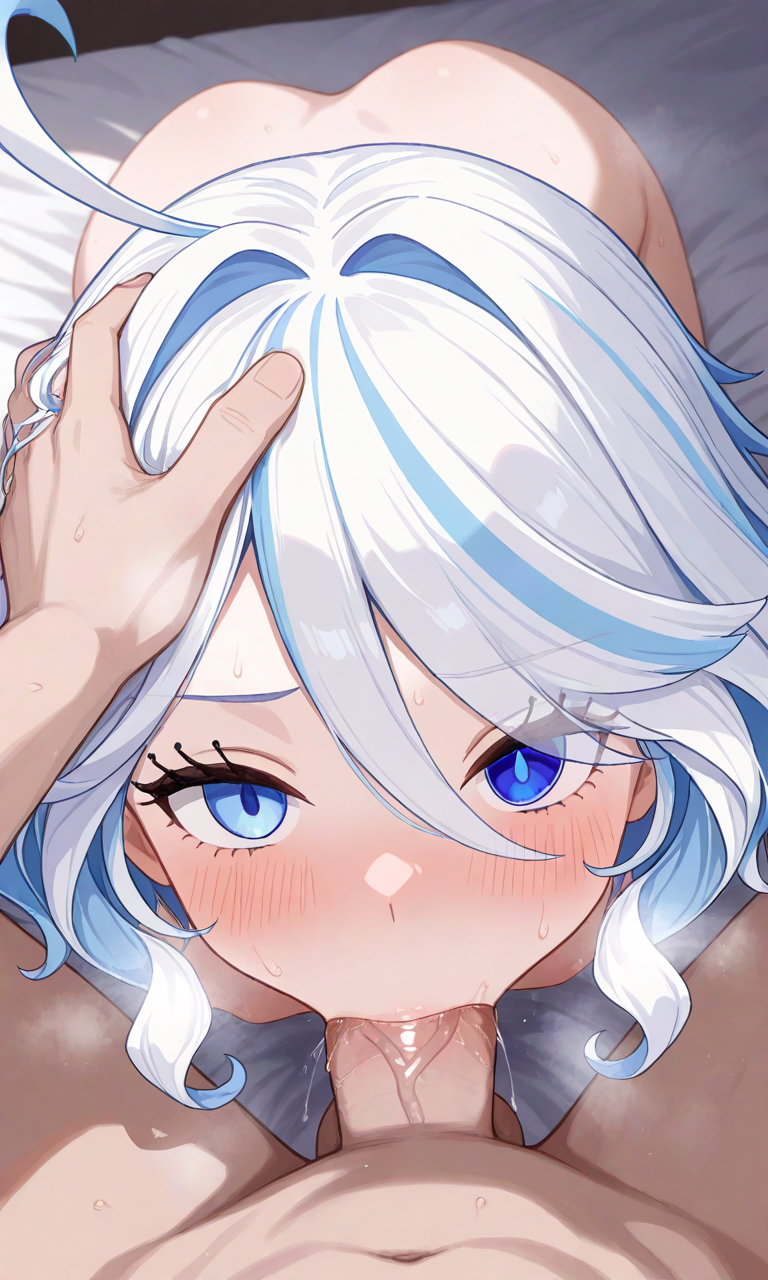 1girls, ai generated, blowjob, blue eyes, blue hair, breasts, erect penis, erection, fellatio, female, furina (genshin impact), genshin impact, heterochromia, light skin, light-skinned female, looking at viewer, male, nai diffusion, nipples, nude, nude female, penis, pixiv id 103367963, small breasts, stable diffusion, uncensored, white hair