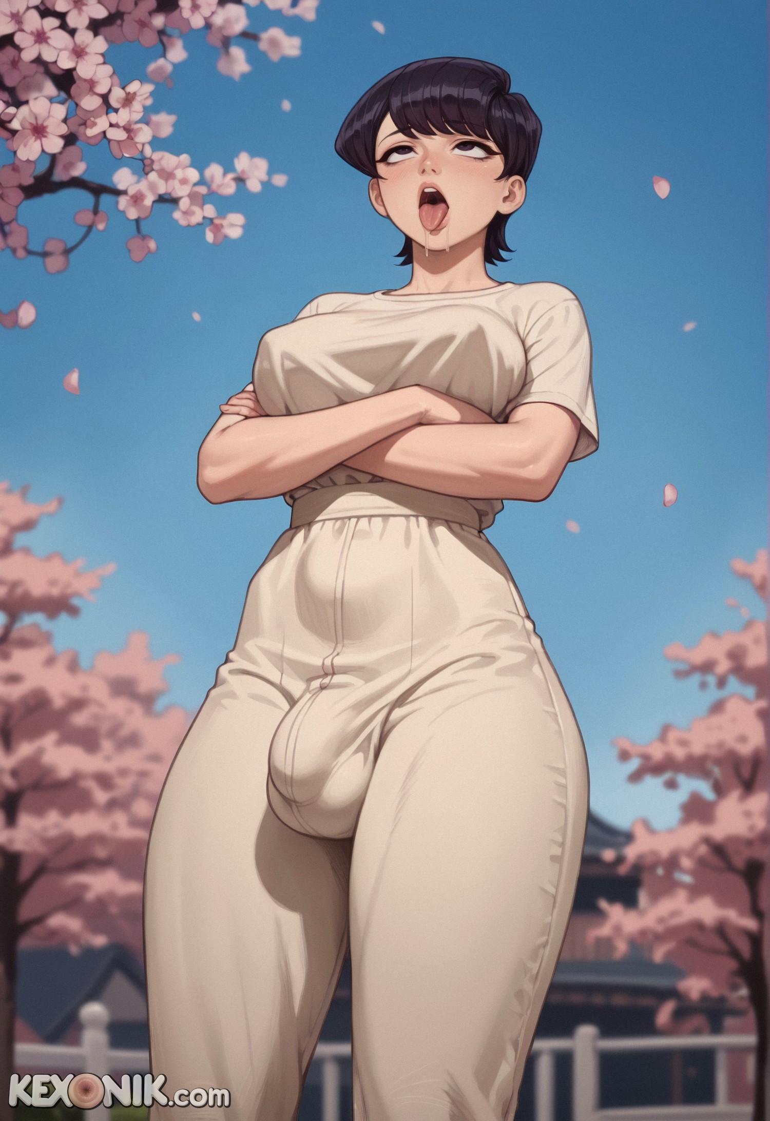 1futa, ahe gao, ai generated, balls, big nipples, black eyes, black hair, bottom heavy, breasts, bulge, clothed, covered breasts, covered nipples, crossed arms, cute face, dickgirl, drool, drool string, drooling, flexible, from below, full body, futa only, futanari, huge, intersex, kexonik, komi shuuko, komi-san wa komyushou desu, low angle, medium breasts, narrow waist, open mouth, revealing clothes, rolling eyes, sagging breasts, saliva, saliva drip, saliva string, saliva trail, scrotum, short hair, solo, standing, thick thighs, toned, tongue out, wide hips