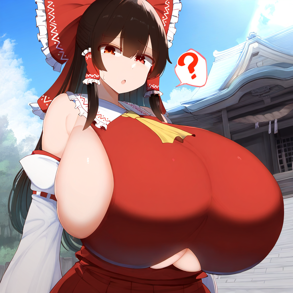 ai_generated ameanon big_breasts breast_cutout breasts breasts_bigger_than_head gigantic_breasts huge_breasts large_breasts miko reimu_hakurei shrine_maiden sideboob tight_clothing tight_fit touhou underboob