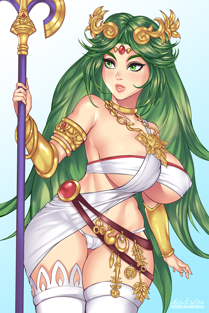 1girls, ange1witch, big breasts, breasts, cleavage, female, female only, full lips, green hair, hourglass figure, kid icarus, large breasts, light skin, light-skinned female, long hair, mature female, nintendo, palutena, panties, slim waist, solo, thick thighs, thighhighs, wide hips