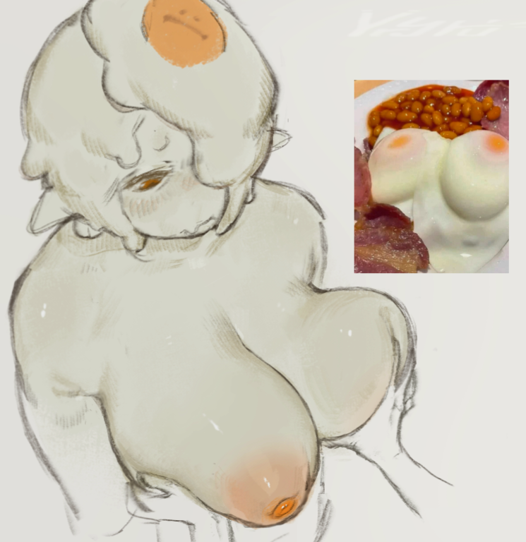 areola artist_upload big_breasts big_breasts big_female breakfast breast_squeeze breasts breasts breasts cute cute_female egg egg_girl egg_girl_meme fat fat_female hands humanized meme nipples orange_eyes sad slime squeezing squeezing_breast touching_breast white_body yellow_areola yellow_nipples yryru