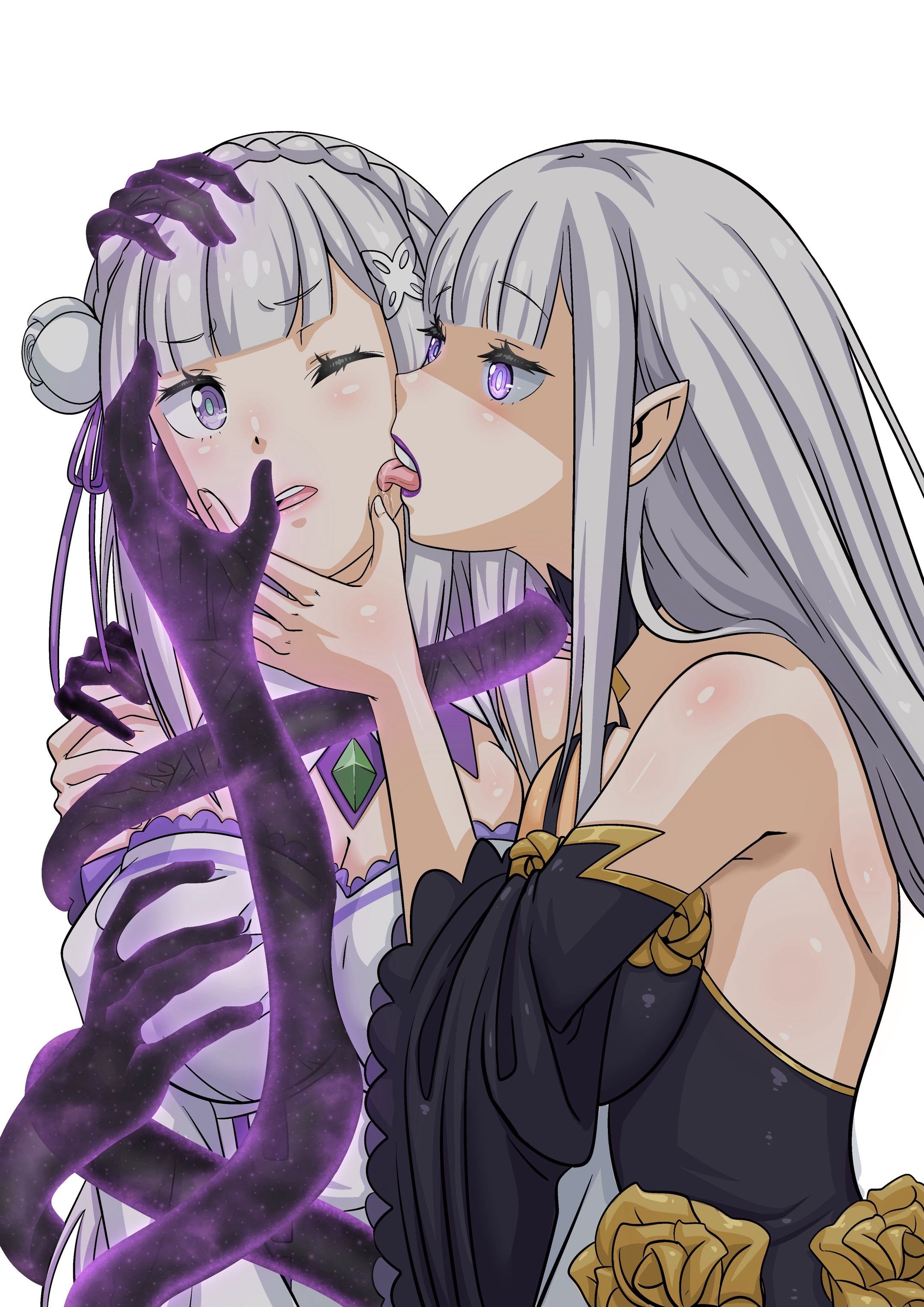 2girls, dubious consent, elf, elf ears, emilia (re:zero), ghost hands, groping, groping breasts, licking, licking face, multiple hands, possessive, purple lipstick, re:zero kara hajimeru isekai seikatsu, satella (re:zero), silver hair, similar looking, wacum, yuri