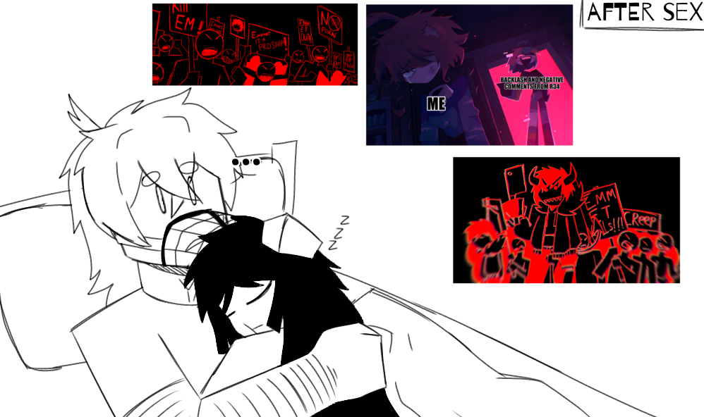 ... 1boy 1girls 2024 after_sex aiden_(kaaatie) bed black_hair blanket closed_eyes collar cuddling dialogue digital_media emmet64 fundamental_paper_education hand_on_another's_head hugging ibispaintx long_hair messy_hair muzzle_(object) pathetic_art_just_like_you_emmet petplay self_upload shirt sketch sleep sleeping stupid_artist y/n zzz