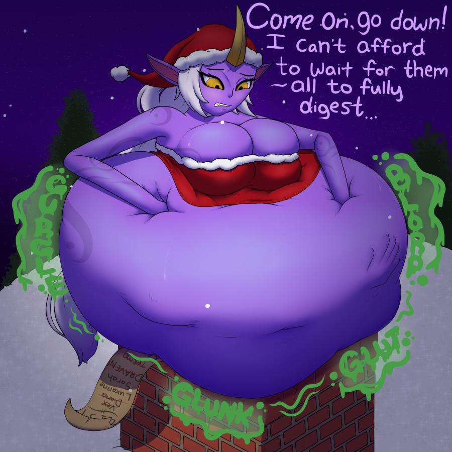 breasts christmas christmas_outfit digestion digestion_noises female female_pred horn jackheretherealone league_of_legends monster_girl multiple_prey post_vore purple_skin riot_games soraka stomach_noises struggling stuck unknown_prey vore