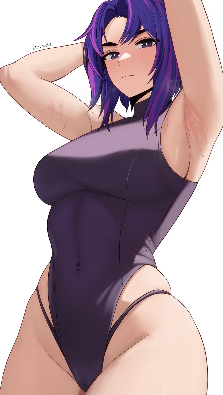 1girls armpits edmun highleg lady_nagant leotard my_hero_academia navel purple_eyes purple_hair solo_female sweat thong_straps two_tone_hair violet_eyes