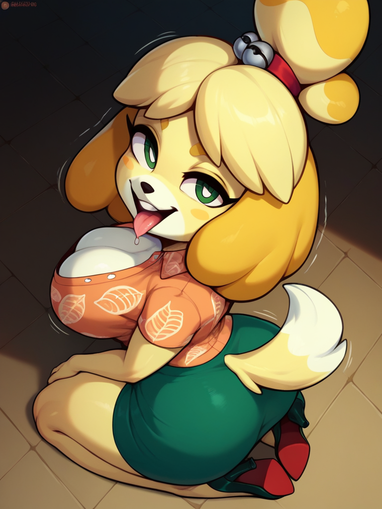 1girls ai_generated animal_crossing anthro big_ass big_breasts canine drooling female female_only green_eyes happy hawaiian_shirt heels high_heels isabelle_(animal_crossing) kneeling looking_at_viewer looking_back_at_viewer shiba_inu solo solo_female stable_diffusion tail tongue tongue_out yellow_body yellow_fur