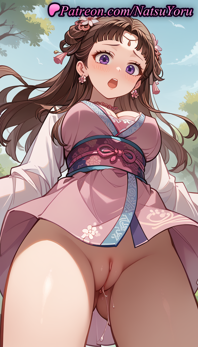 1girls ai_generated anime anime_style ass_visible_through_thighs bangs beads blue_sky blunt_bangs blush bottomless breasts brown_hair bust busty chinese_clothes cleavage cleft_of_venus cowboy_shot day double_bun dress earrings embarrassed female female_focus female_only floral_print flower flower_earrings from_below groin hair_bun hair_flower hair_ornament hair_rings hentai japanese_clothes jewelry kimono kusuriya_no_hitorigoto large_breasts lishu_(kusuriya_no_hitorigoto) long_hair long_sleeves looking_at_viewer looking_down medium_breasts natsuyoru necklace no_panties nose_blush obi open_mouth outdoors parted_bangs pink_dress pink_flower pink_kimono purple_eyes pussy pussy_juice pussy_juice_trail raised_eyebrows sash short_kimono sky solo solo_female standing tassel tassel_earrings teeth thighs tree uncensored upper_teeth_only upskirt voluptuous voluptuous_female wide_sleeves