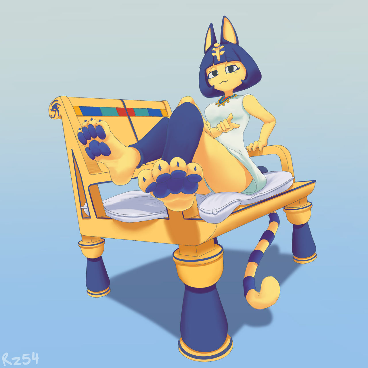 1girl animal_crossing ankha ankha_(animal_crossing) anthro blue_pawpads catgirl feet feet_fetish feet_focus feet_together female female_focus female_only foot_fetish foot_focus looking_at_viewer nintendo pawpads paws rz54 soles soles_female soles_fetish