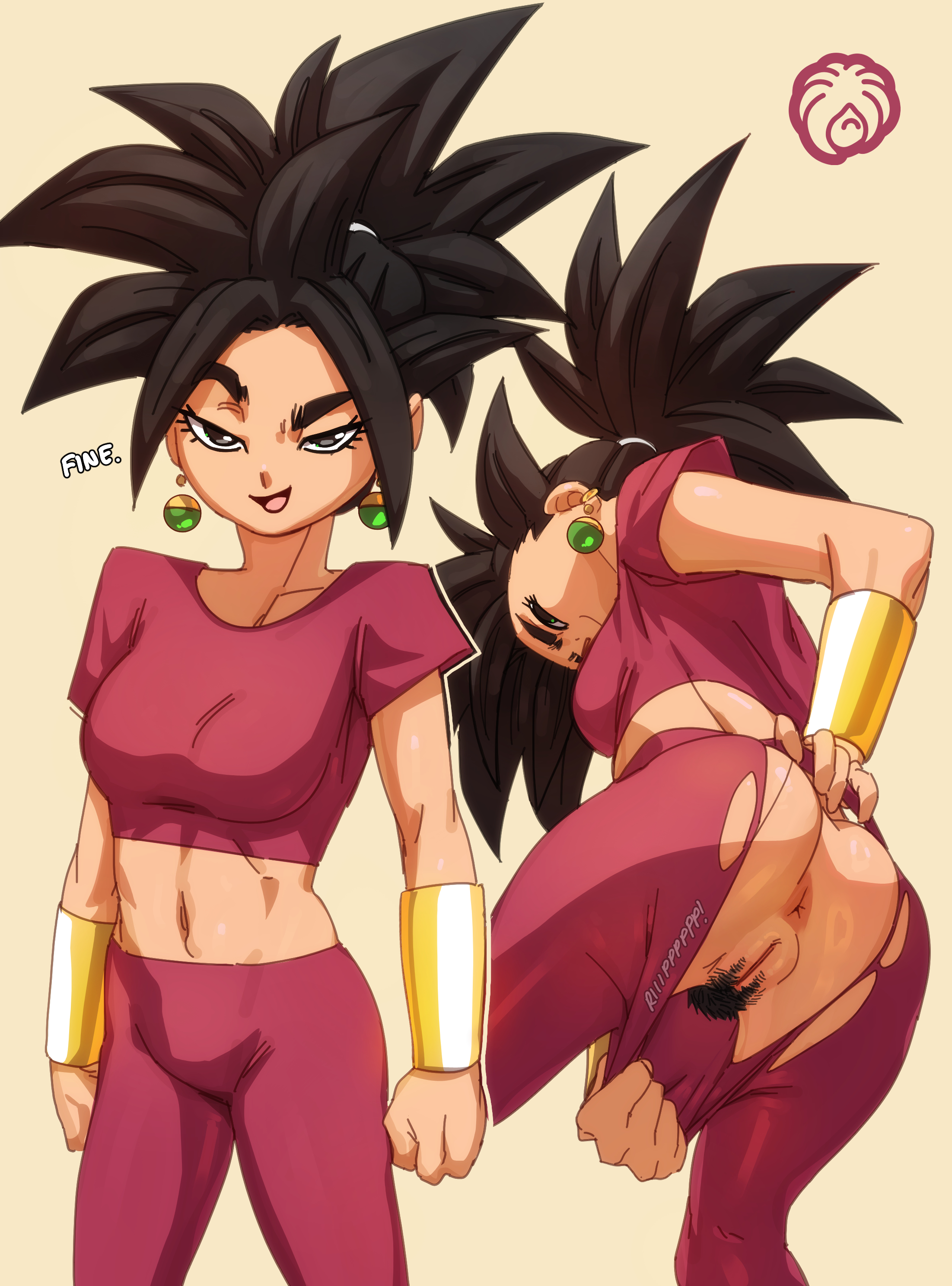 1girls, black hair, dragon ball, dragon ball super, female, female focus, female only, fusion, kefla, mrmlix, pubic hair, ripped clothing, ripped pants, solo, solo female, solo focus