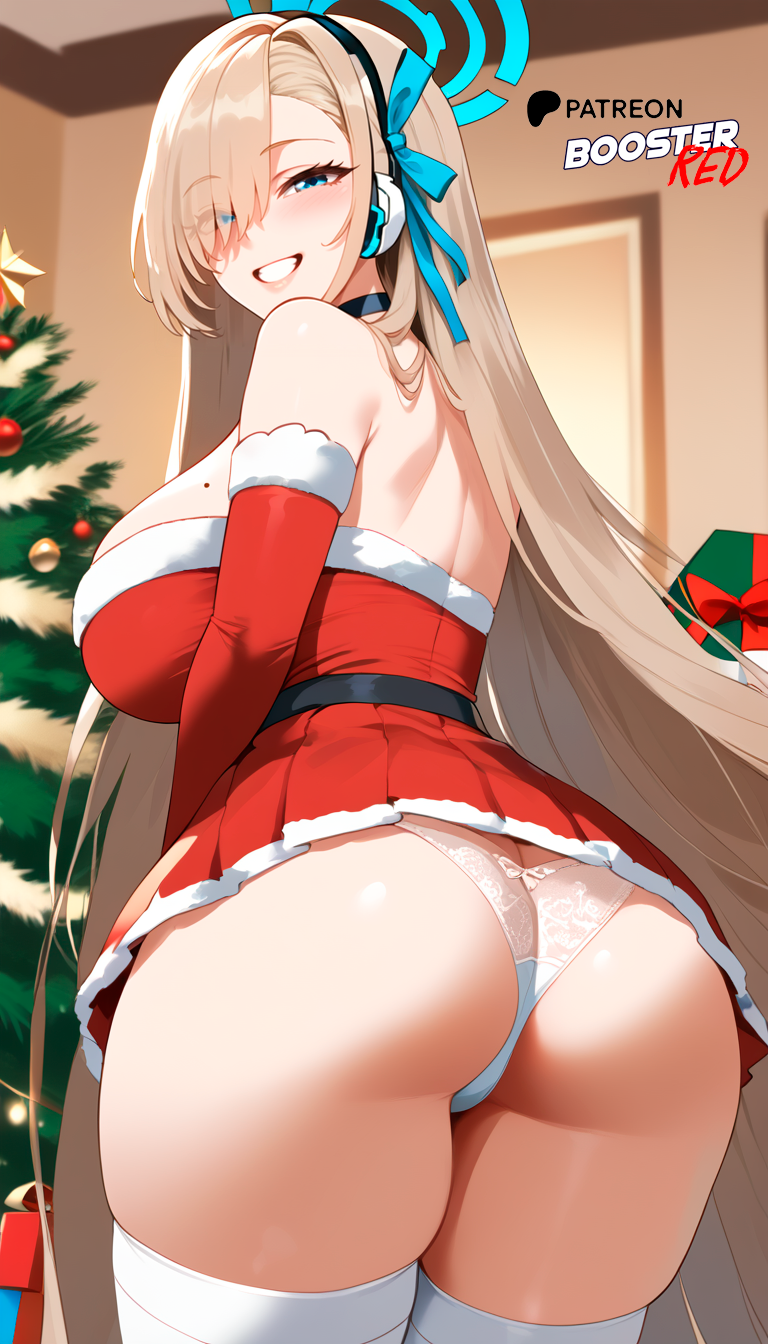 ai_generated ass ass_focus asuna_(blue_archive) asuna_(bunny)_(blue_archive) asuna_(bunny_girl)_(blue_archive) bare_shoulders black_choker blonde_female blonde_hair blue_archive blue_eyes boosterred99 bow choker christmas christmas_clothing christmas_outfit christmas_tree dress from_behind from_behind_position halo long_hair nier:_apony_diffusion_xl red_dress ribbon santa_costume seductive_look seductive_smile strapless thighs white_thong