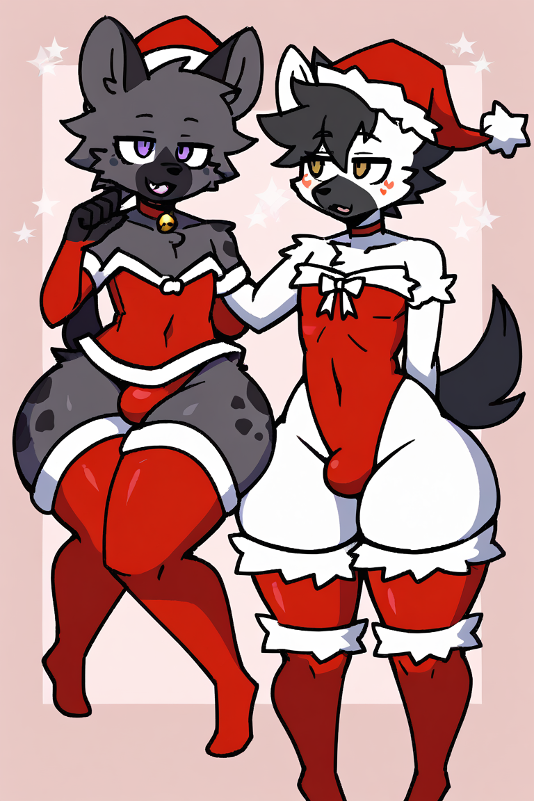 2boys ai_generated christmas christmas_outfit femboy femboy_only furry furry_male furry_only gray_fur male male_focus male_only no_sex simple_background sus_biff thick_ass thick_thighs thighhighs white_fur