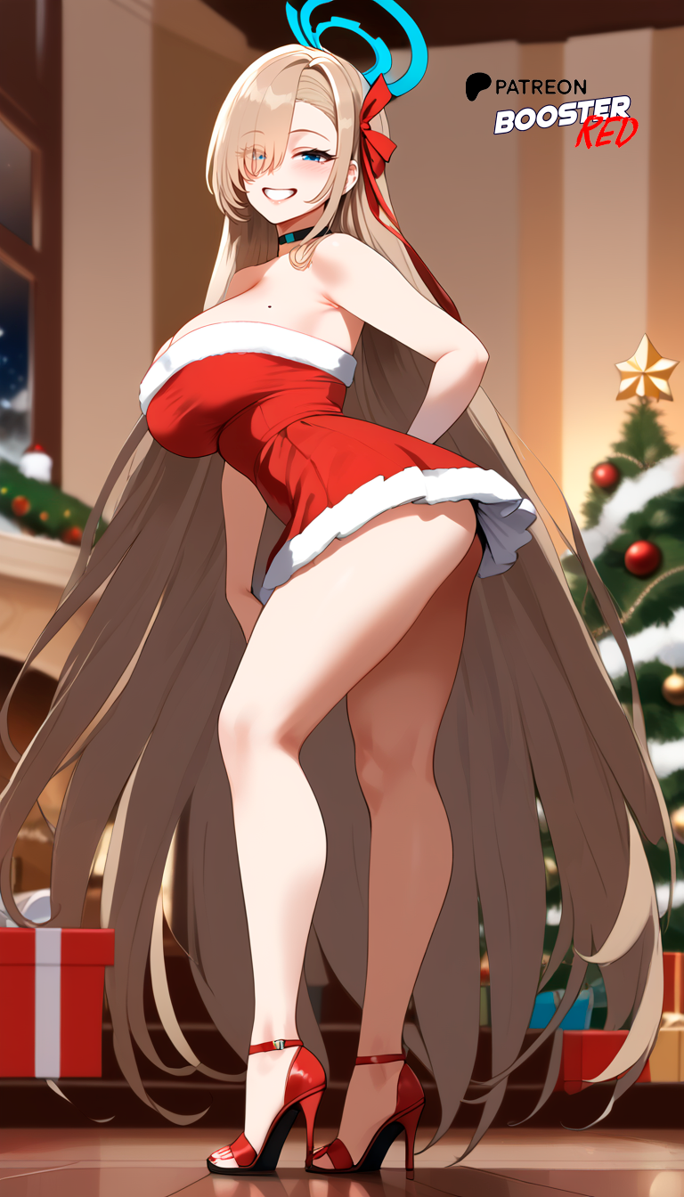 ai_generated asuna_(blue_archive) asuna_(bunny)_(blue_archive) asuna_(bunny_girl)_(blue_archive) bare_shoulders black_choker blonde_female blonde_hair blue_archive blue_eyes boosterred99 bow choker christmas christmas_clothing christmas_outfit christmas_tree dress full_body fully_clothed halo high_heels legs long_hair nier:_apony_diffusion_xl red_dress ribbon santa_costume seductive_look seductive_smile strapless thighs white_thong