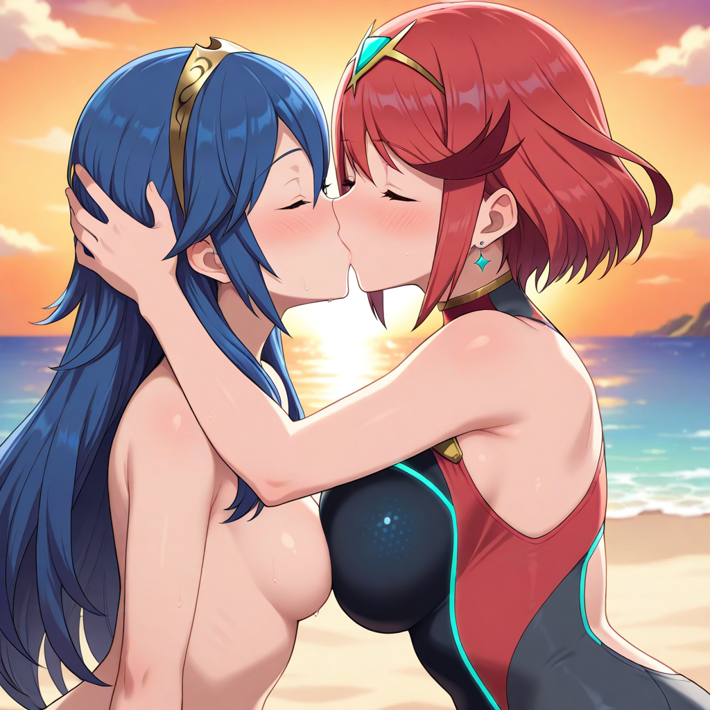 2girls ai_generated bare_shoulders beach blue_hair blush breast_press breast_size_difference breasts closed_eyes crossover earrings female female_only fire_emblem fire_emblem_awakening head_grab kissing large_breasts long_hair lucina_(fire_emblem) medium_breasts multiple_girls nintendo nude nude_female one-piece_swimsuit pyra pyra_(pro_swimmer)_(xenoblade) red_hair short_hair sunset swimsuit tiara xenoblade_(series) xenoblade_chronicles_2 yuri