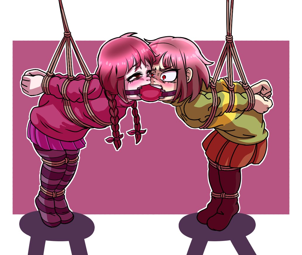 1enby, 1girls, 1nonbinary, agotome, ambiguous gender, androgynous, angry, armbinder, ball gag, bondage, breast harness, chara, chara (undertale), chest harness, enby, female, hands tied, madotsuki, non-binary, nonbinary, nonbinary (lore), nonbinary/female, ponytail, skirt, standing on tip toes, stool, sweater, thighhighs, tied up, undertale, undertale (series), young, younger female, yume nikki
