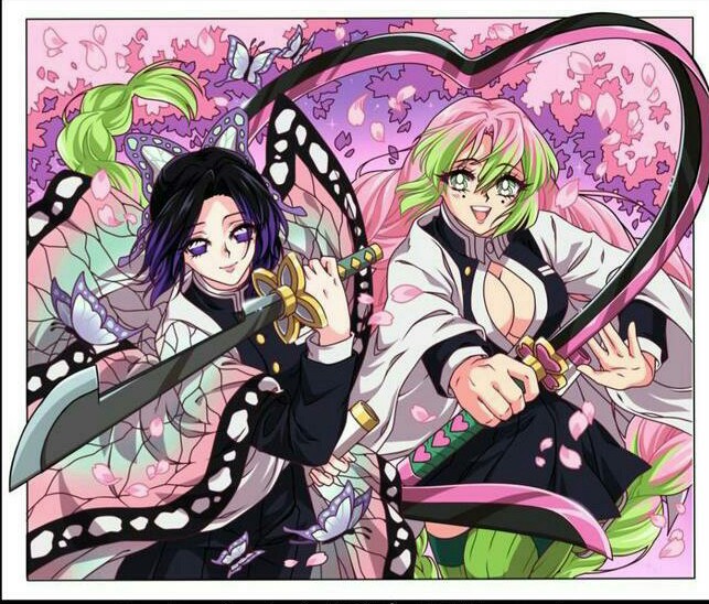 black_hair demon_slayer hfxpins kanroji_mitsuri kimetsu_no_yaiba kochou_shinobu pink_hair sakura_tree sword