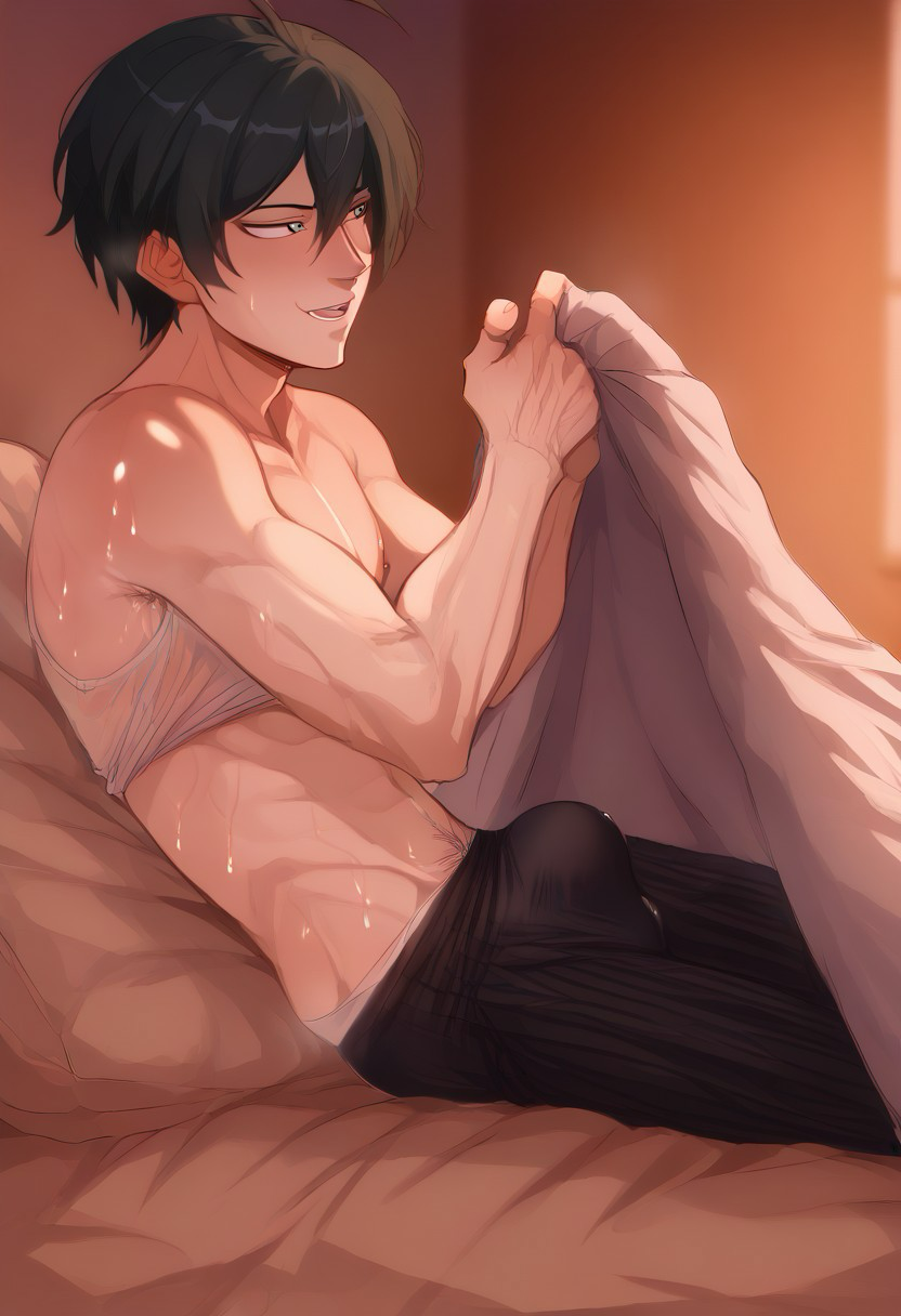 1boy ai_generated bulge danganronpa danganronpa_v3 erection gay horn inviting lifting_covers male_only musk on_bed saihara_shuuichi shiny_skin shuichi_saihara slim smug steam steaming_body sweat sweating sweaty tank_top under_covers