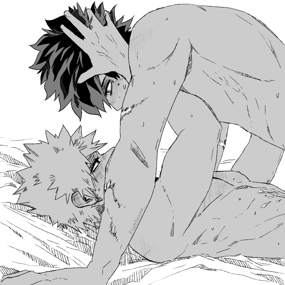 2boys arms_up bakugou_katsuki blush boku_no_hero_academia couple cum cum_on_body eye_contact fishseven greyscale hand_on_another's_head implied_after_sex looking_at_another lying male_focus midoriya_izuku monochrome multiple_boys multiple_scars navel nipples on_back pectorals profile scar scar_on_arm short_hair simple_background small_sweatdrop spiked_hair sweat upper_body white_background yaoi