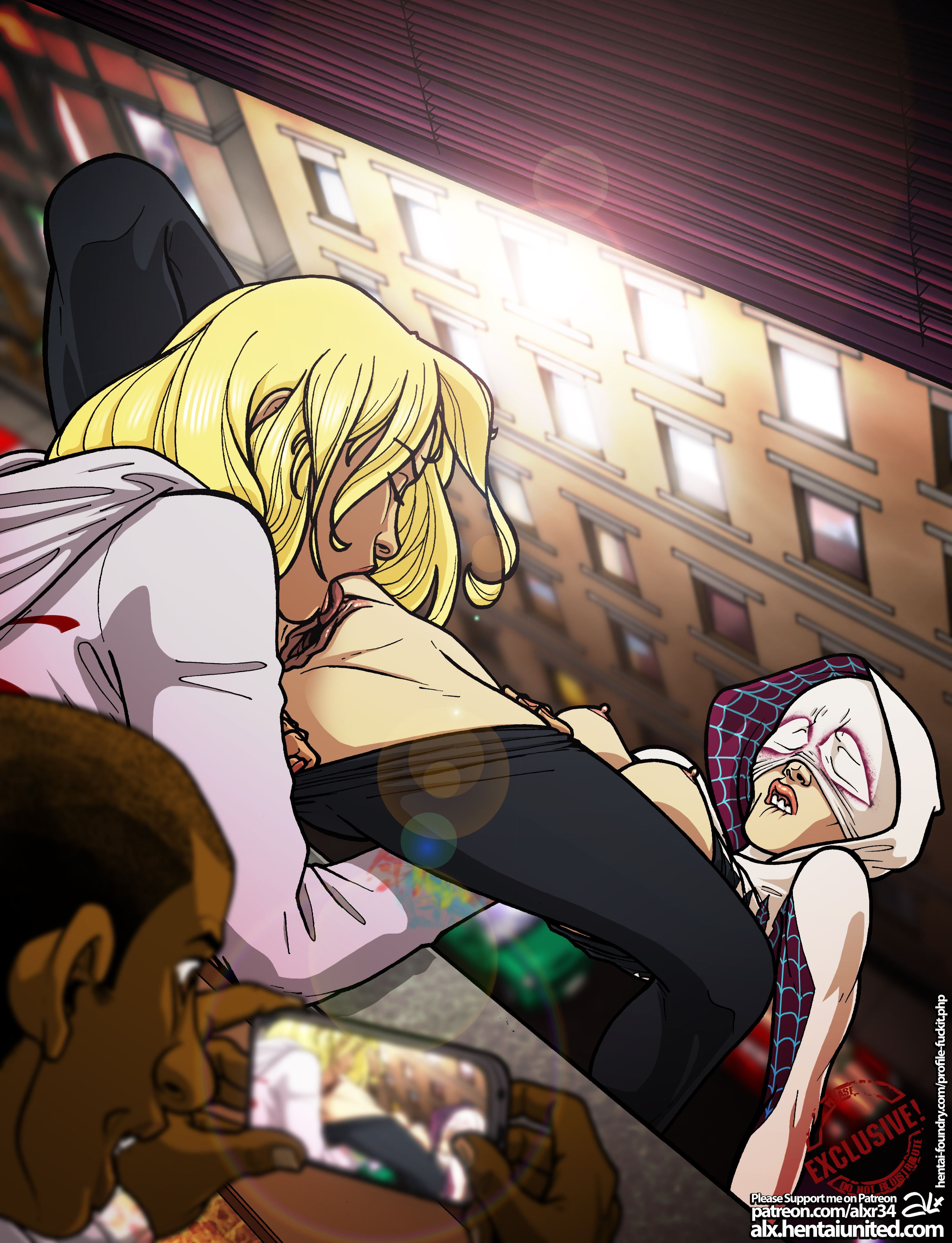 1boy, 2girls, alx (fuckit), blonde hair, camera, clitoral stimulation, clitoris, cunnilingus, female, filming, gwen stacy, licking clitoris, male, marvel, marvel comics, mask, masked, masked female, public, pussy, spider-gwen, spider-man (series), vagina, yuri