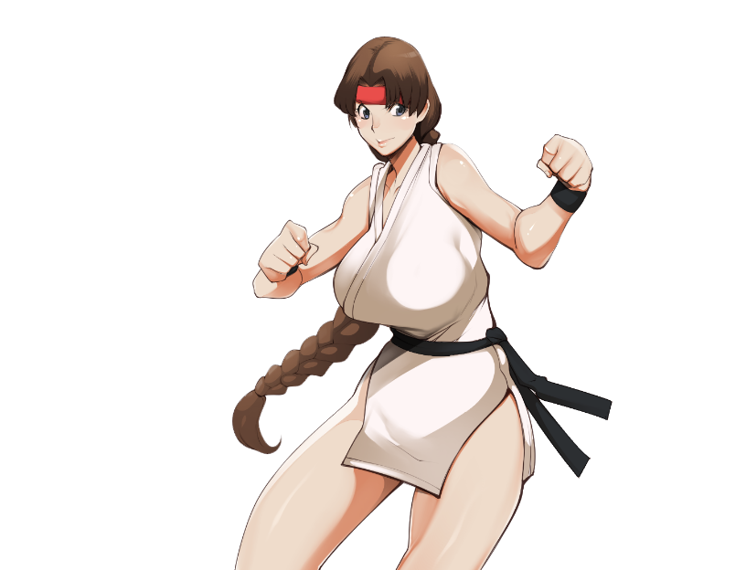 1girls big_breasts black_eyes blue_eyes braid braided_ponytail breasts brown_hair busty clothed female headband huge_breasts karasumiya karate_gi king_of_fighters light-skinned_female light_skin long_hair no_pants ponytail skirt standing thick_thighs thighs tied_hair voluptuous voluptuous_female yuri_sakazaki