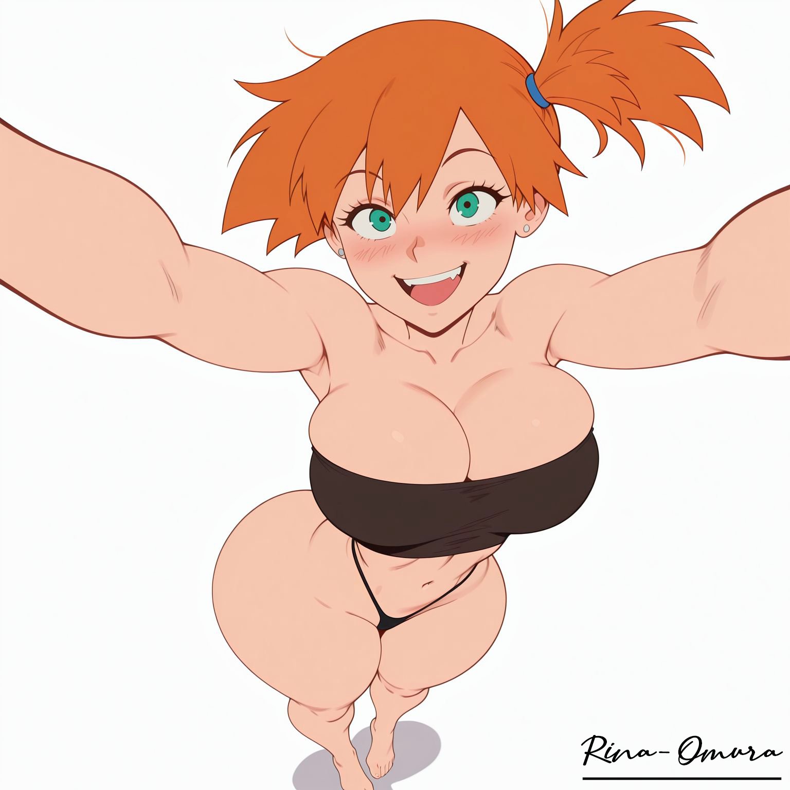 ai generated, ai-created, alternate breast size, aqua eyes, armpits, artist name, bandeau, bare shoulders, barefoot, bikini, black bikini, black panties, blush, breasts, cleavage, clothing, collarbone, curvy, earrings, fangs, female, female only, from above, full body, green eyes, highleg, incoming hug, jewelry, kasumi (pokemon), large breasts, looking at viewer, misty (pokemon), narrow waist, navel, open mouth, orange hair, outstretched arms, patreon username, pokemon, pokemon (anime), pokemon (classic anime), pokemon (game), pokemon rgby, ponytail, reaching, reaching towards viewer, rina-omura, short hair, side ponytail, simple background, skindentation, smile, solo, standing, strapless, strapless bikini, stud earrings, swimsuit, teeth, thick thighs, thighs, thong, tube top, underwear, upper teeth only, white background, wide hips