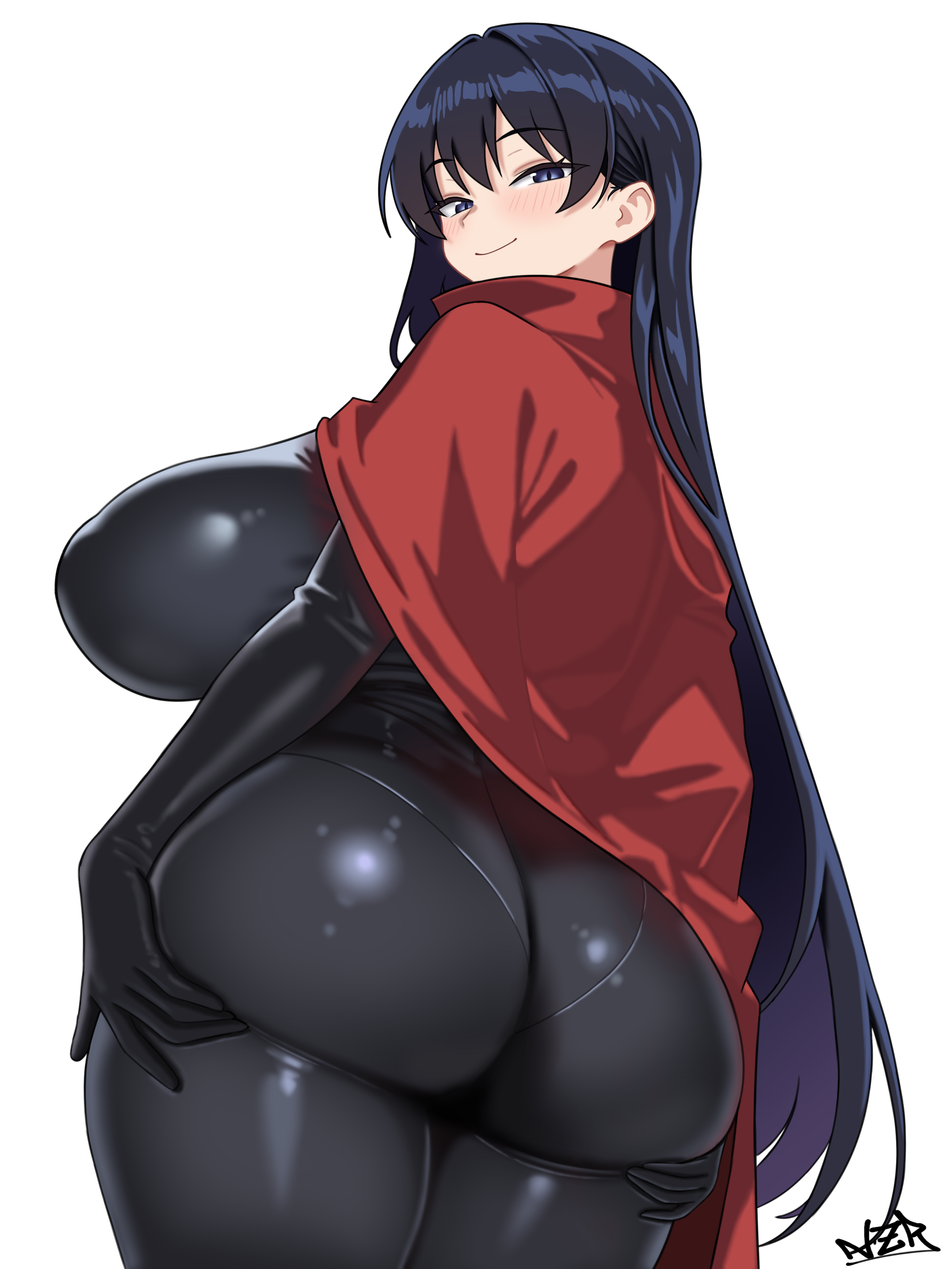 1girls, absurd res, arato nagi, artist logo, ass, big ass, big breasts, black bodysuit, black hair, black latex, black-haired female, blue eyes, blush, bodysuit, breasts, cloak, cosplay, curvaceous, curvaceous female, curvaceous figure, female, fully clothed, grabbing, grabbing ass, grabbing own ass, hands on ass, hands on own ass, highres, hollow knight, hollow knight: silksong, hornet (hollow knight) (cosplay), huge ass, huge breasts, latex, latex clothing, latex suit, light skin, light-skinned female, long hair, looking at viewer, looking back, looking back at viewer, nazara774, png, red cloak, ruri no houseki, simple background, smile, solo, solo female, thick thighs, thighs, very long hair, voluptuous, voluptuous female, white background, wide hips