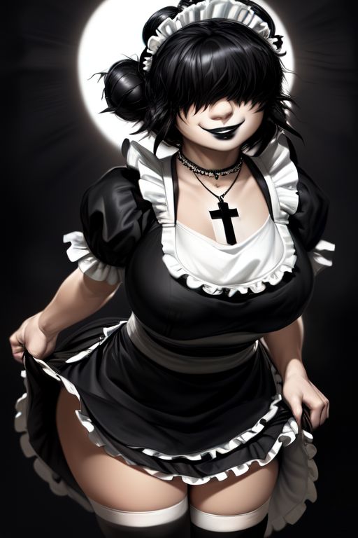 ai_generated bangs bangs_over_eyes black_dress black_hair dress french_maid goth goth_girl hair_bun hair_over_eyes huge_ass huge_breasts josie_(euclidbeing) leaning_forward maid maid_headdress maid_uniform massive_breasts massive_thighs original_character short_hair smile smiling smiling_at_viewer stockings thick_thighs