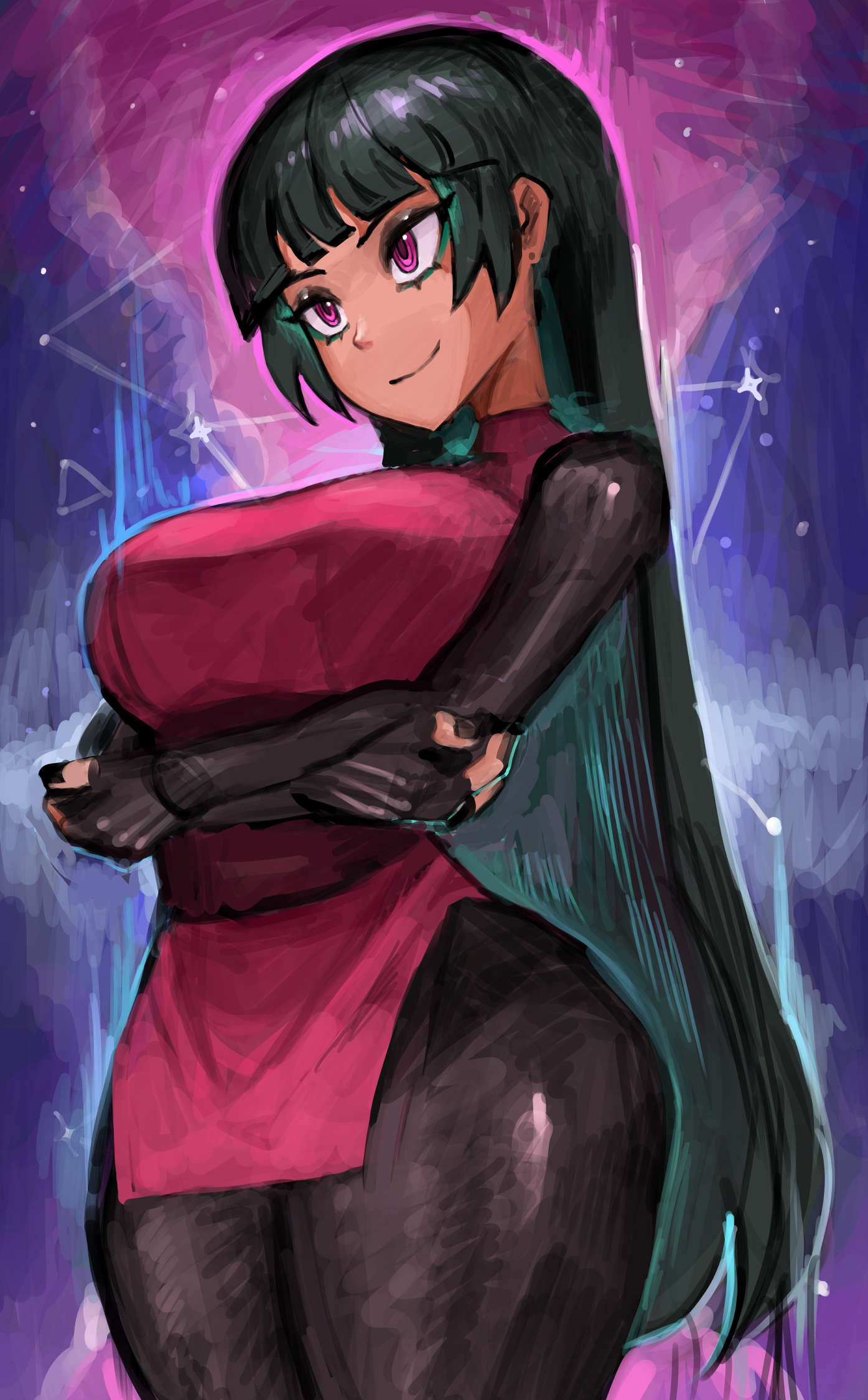 1girls black_hair black_nails breasts closed_mouth commentary cowboy_shot female female_only fingerless_gloves fully_clothed gloves highres long_hair long_sleeves pantyhose pokemon pokemon_lgpe purple_eyes sabrina_(pokemon) saiykik smile solo thighs