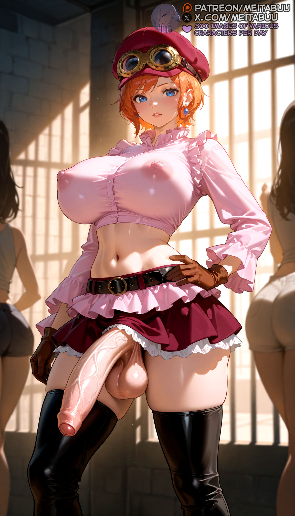 3girls, ai generated, ass, balls, belt, belt buckle, black belt, black thighhighs, blue eyes, boots, breasts, brown gloves, cabbie hat, covered nipples, crop top, cropped shirt, dark penis, earrings, erection, female, foreskin, frilled shirt, frilled skirt, frills, futa only, futanari, gloves, goggles, goggles on head, goggles on headwear, hand on own hip, hat, huge balls, huge breasts, huge cock, huge testicles, intersex, jewelry, koala (one piece), large balls, large breasts, large testicles, lips, long sleeves, looking at viewer, meitabuu, microskirt, midriff, miniskirt, multiple girls, navel, nipples, one piece, orange hair, parted lips, penis, pink shirt, red headwear, red skirt, shirt, short hair, skindentation, skirt, smile, solo focus, standing, stomach, testicles, thick thighs, thigh boots, thighhighs, thighs, uncensored, uncircumcised, veins, veiny penis