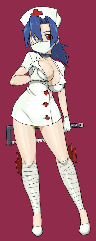 bandage, blue hair, breast grab, breast lift, breasts, choker, cleavage, dress, eyepatch, female, gloves, grabbing, hat, large breasts, mask, miniskirt, nurse, nurse cap, ponytail, red eyes, short dress, simple background, skirt, skullgirls, solo, tsukudani (coke-buta), valentine (skullgirls), white gloves