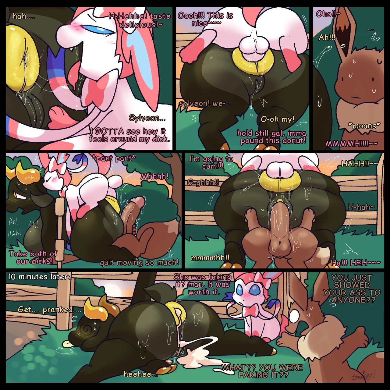 1:1, 2025, anal, anal sex, anthro, anus, ass, balls, big ass, big balls, big breasts, big butt, blush, blush lines, bodily fluids, bovid, breasts, brown body, brown fur, caprine, colored, comic, cum, cum in ass, cum in vagina, cum inside, dialogue, digital drawing (artwork), digital media (artwork), digital painting (artwork), eevee, eeveelution, ejaculation, english text, fangs, female, female penetrated, feral, foreplay, forest, forest background, fur, futanari, generation 1 pokemon, generation 6 pokemon, genital fluids, genitals, goat, group, hi res, honeypop, horn, intersex, intersex/male, male, mammal, moan, nature, nature background, nintendo, nude, onomatopoeia, open mouth, painting (artwork), penetration, plant, plap, pokemon, pokemon (species), puffy anus, pussy, shaded, signature, smile, snappy snaz, snazzle snapp, sound effects, spiral, spiral eyes, stuck in fence, sunset, sweat, sweatdrop, sylveon, tail, teeth, text, thick thighs, tongue, tongue out, trans, trans woman, tree, trio, unconscious, vaginal penetration, wide hips