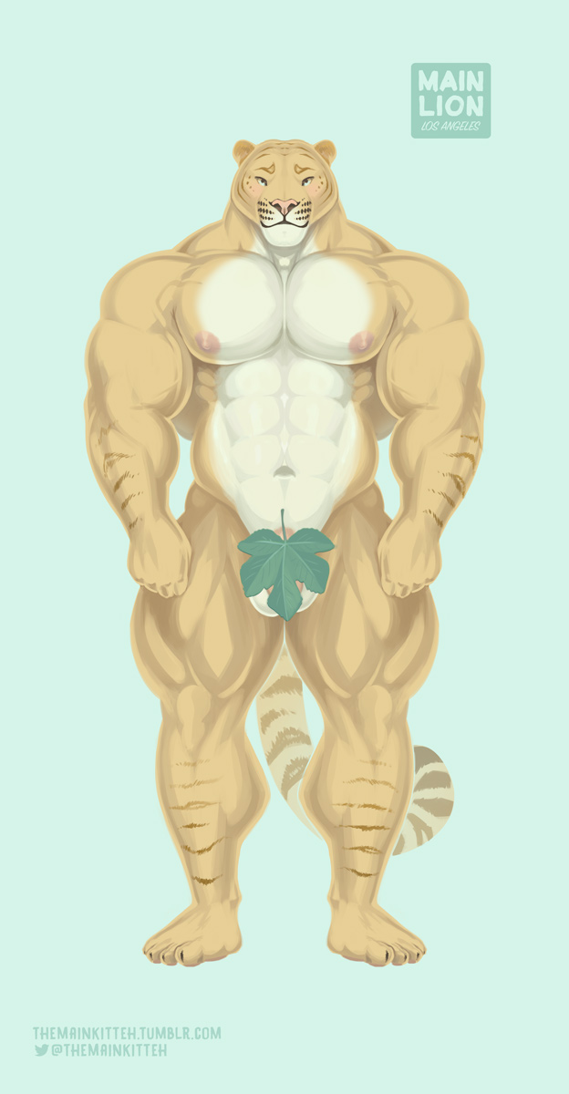 2017 abs anthro areola balls barely_visible_genitalia better_version_at_source big_arms big_balls big_penis blue_eyes blush feline fig_leaf flaccid front_view hi_res hybrid hyper hyper_muscles liger looking_at_viewer mainlion male male_only mammal markings muscular muscular_male nipples nude pecs penis simple_background solo standing stripes subtle_penis thick_thighs url veiny_muscles