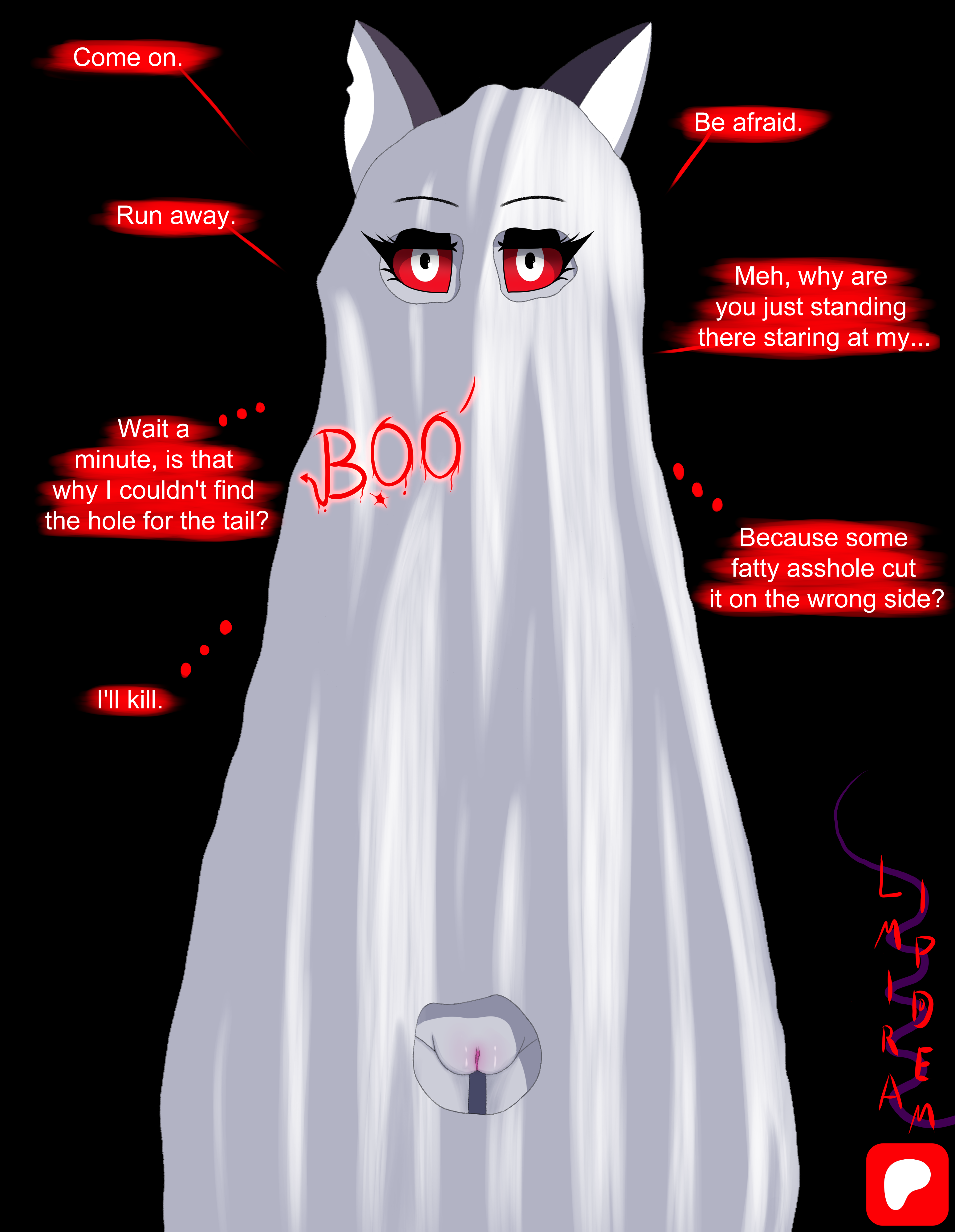 absurd res, anthro, canid, canid demon, canine, canis, clothed, clothing, demon, digital media (artwork), disguise, english text, female, fur, genitals, ghost, halloween, hellaverse, hellhound, helluva boss, hi res, holidays, humor, limpidream, looking at viewer, loona (helluva boss), mammal, mythological canine, mythological creature, mythology, nude, pussy, red sclera, simple background, solo, spirit, text, vulva, white body, white fur